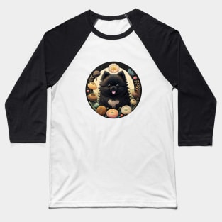 Black Pomeranian Flower Wreath Baseball T-Shirt